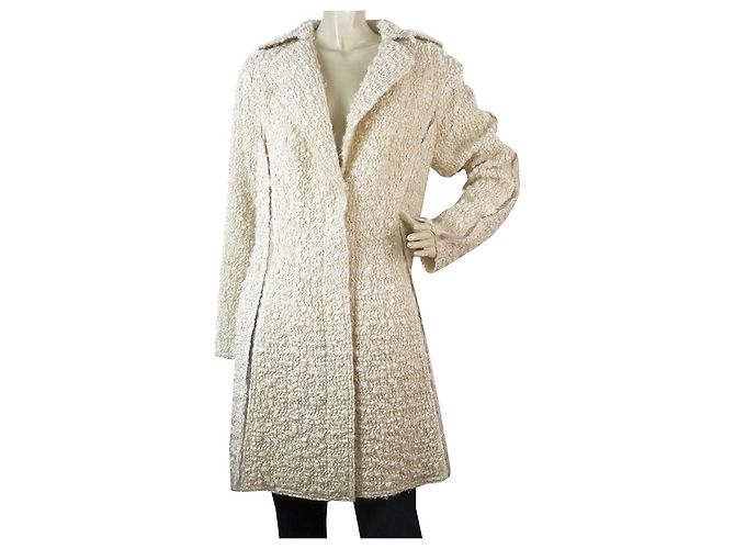 Nina Ricci Off White Ecru Wool Blend Boucle Gold Thread Button Front Coat sz 38 Blanco