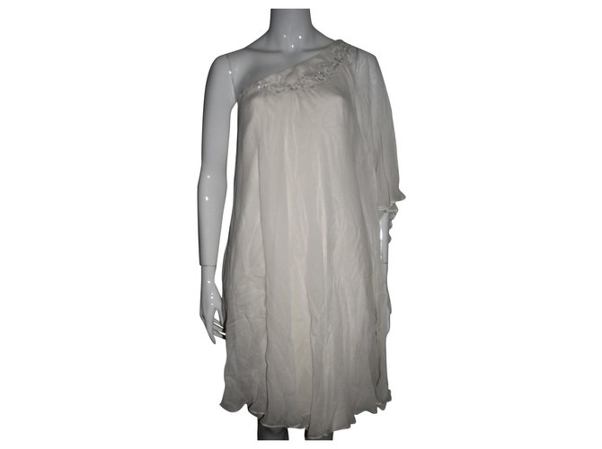 Marchesa Vestido de seda com sobreposição de chiffon de seda Branco Creme Elastano  ref.160988