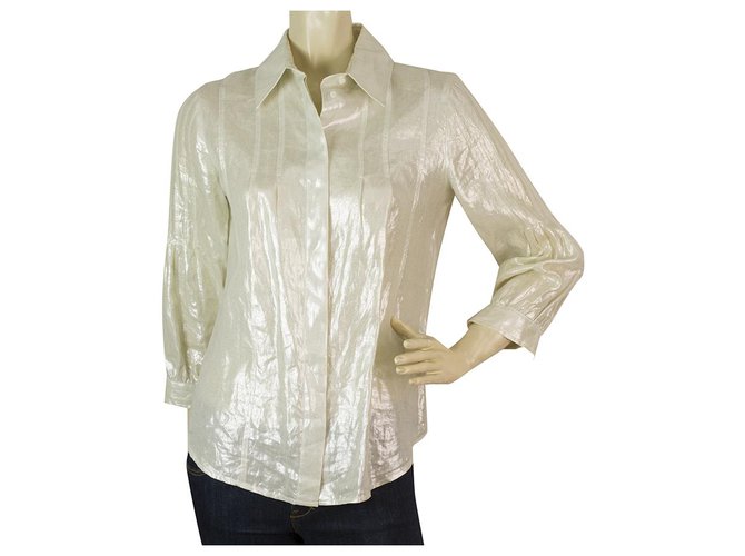 Christian Dior Boutique Off White Linen Shiny Button Down Shirt Top Sz 38 Eggshell  ref.161216