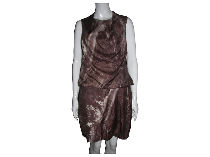 Halston Heritage Drapiertes Seidenkleid Braun Creme Beige Roh