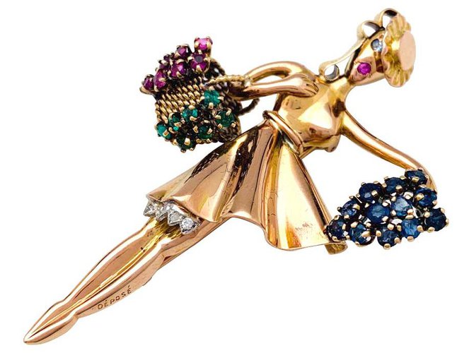 inconnue Lacloche brooch "Autumn" in yellow gold, Platinum, ruby, Emeralds, sapphires and diamonds.  ref.161499