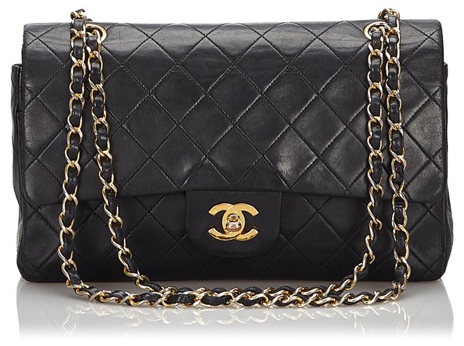 Timeless Chanel Black Classic Medium Lambskin Double Flap Bag Negro Cuero  ref.161569