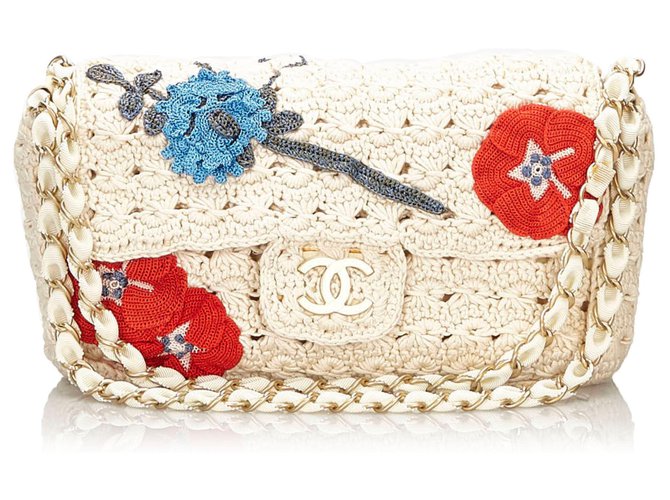 Chanel White Camellia Crochet Flap Bag Multiple colors Cotton Cloth  ref.161576 - Joli Closet