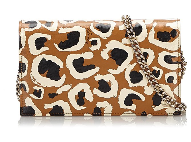 Portefeuille Betty Gucci en cuir marron imprimé léopard sur chaîne Métal Multicolore Marron clair  ref.161628