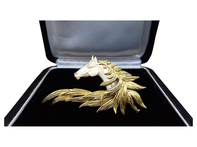 Broche de caballo Hermès Oro amarillo y gris numerado Exc. Cond RARE Plata Dorado Oro blanco  ref.161765