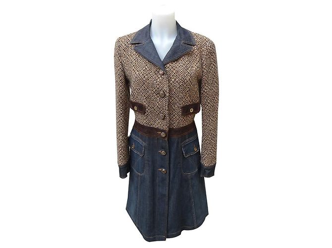Dolce & Gabbana Cappotto in lana e pelle Marrone Blu Multicolore