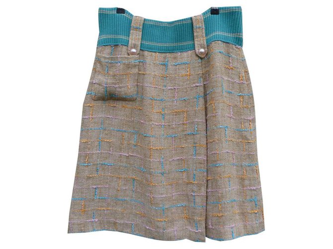Chanel Skirts Beige Turquoise Silk Cotton  ref.162065