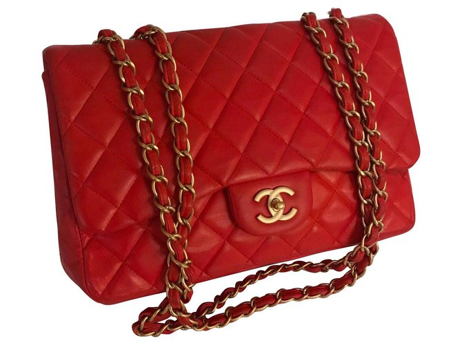 Timeless Chanel Bolsas Vermelho Pele de cordeiro  ref.162202