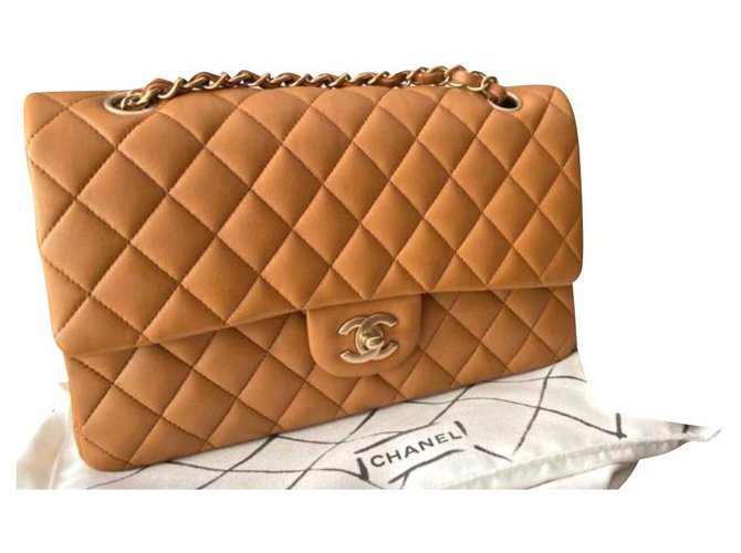Chanel Medium beige lambskin classic flap bag Caramel Leather ref