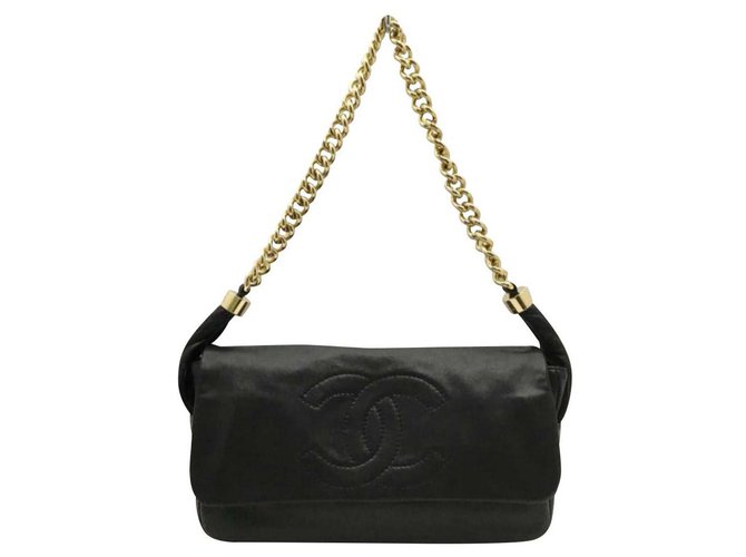 Chanel Goldkette Umhängetasche aus Leder Schwarz  ref.162385