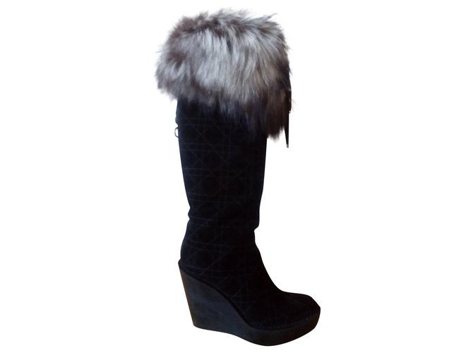 Christian Dior DIOR Suede Fox Fur Wedge Tall Boots Black Silvery  ref.163345