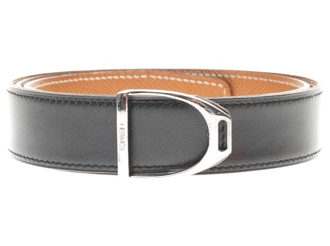 Hermès Etrier belt in black box leather and epsom gold, palladium eargent metal buckle Golden  ref.163346