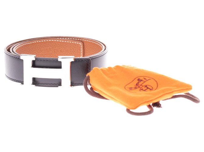 Cintura Hermès reversibile in pelle scatola nera e oro epsom, Fibbia H in metallo lucido palladio Nero D'oro  ref.163349