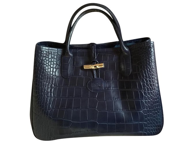 Roseau Longchamp BOLSA MARINHA EM PELE DE BORRO EM FORMA DE CROCO Azul marinho Couro  ref.163454