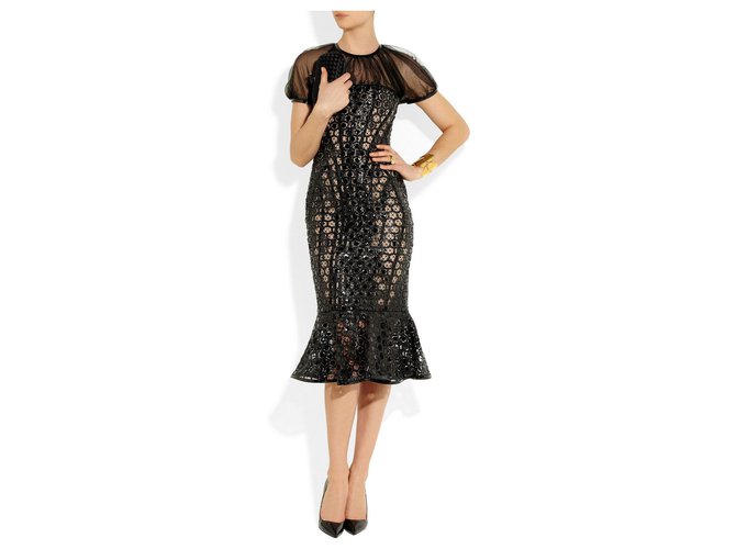 Rare runway Alexander Mcqueen honeycomb patent leather lace dress!!!! New!! Black Taupe Silk Polyamide  ref.163498