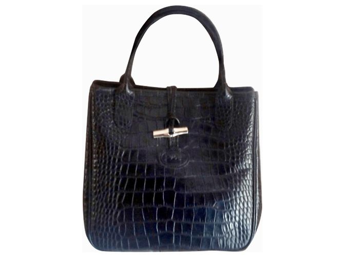 Roseau Longchamp SACO PRETO CROCO STRIPE de couro de bezerro