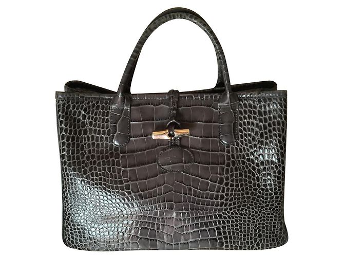 Roseau Longchamp SACO CINZENTO. Couro de bezerro CROCO STRIKE