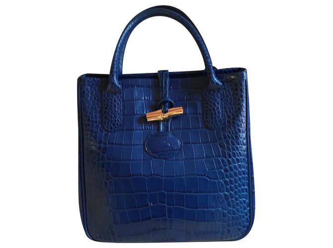 LONGCHAMP ROSEAU LEATHER BAG IN BLUE CROCO FABRIC TOTE HAND BAG