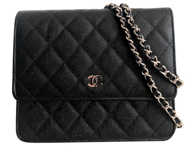 Wallet On Chain Carteira Chanel Em Corrente Couro Caviar Preto  ref.163859