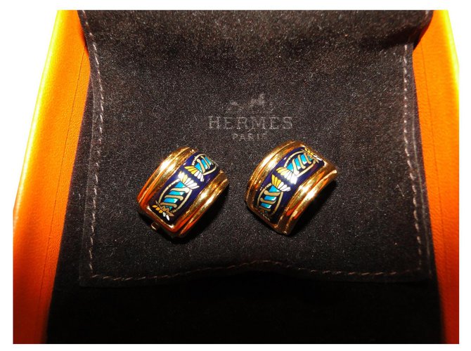 Hermès Clipes auriculares em esmalte e metal dourado HERMES Azul escuro  ref.164135
