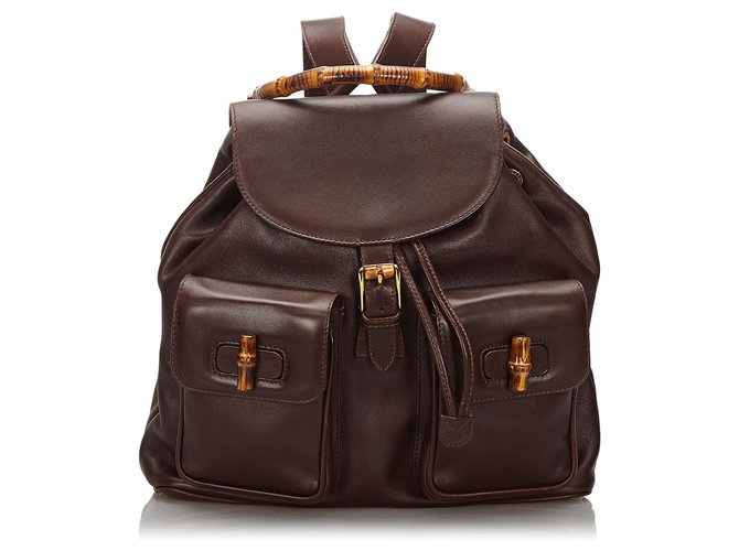 Gucci Brown Bamboo Leather Drawstring Backpack Dark brown Wood  ref.164351