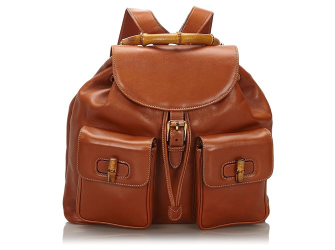 Gucci Brown Bamboo Leather Drawstring Backpack Wood  ref.164499