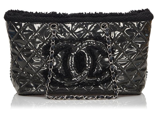 Borsa a spalla Chanel in vinile nero con catena Plastica Tweed Panno  ref.164515
