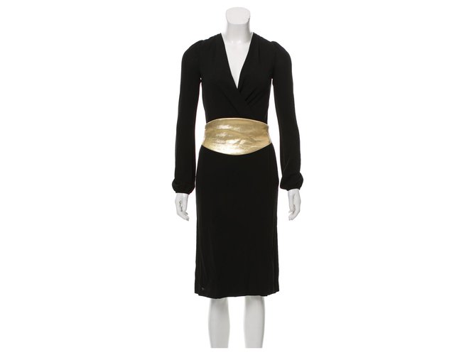 Diane Von Furstenberg Vintage Obi wrap dress Black Golden Rayon  ref.164542