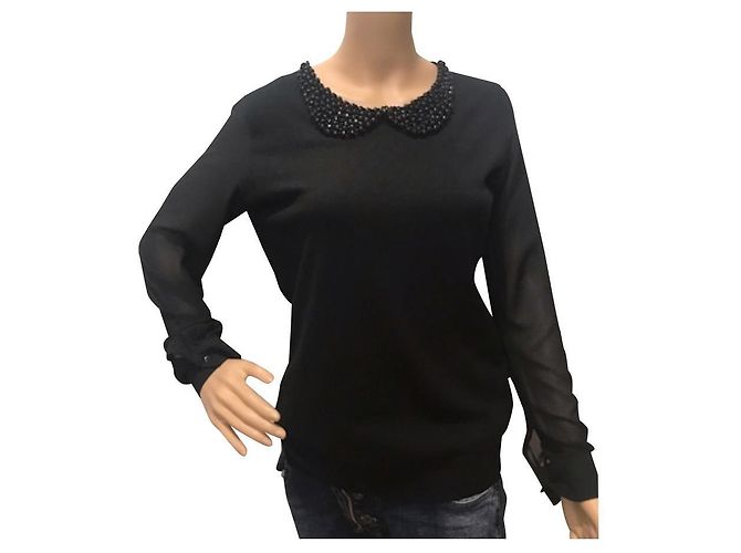 Autre Marque Pull Paul Brial Noir en Viscose avec Col Strass