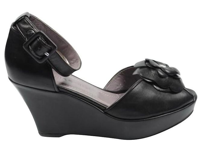 Sandali con zeppa Sonia Rykiel in pelle neri con fiore Nero