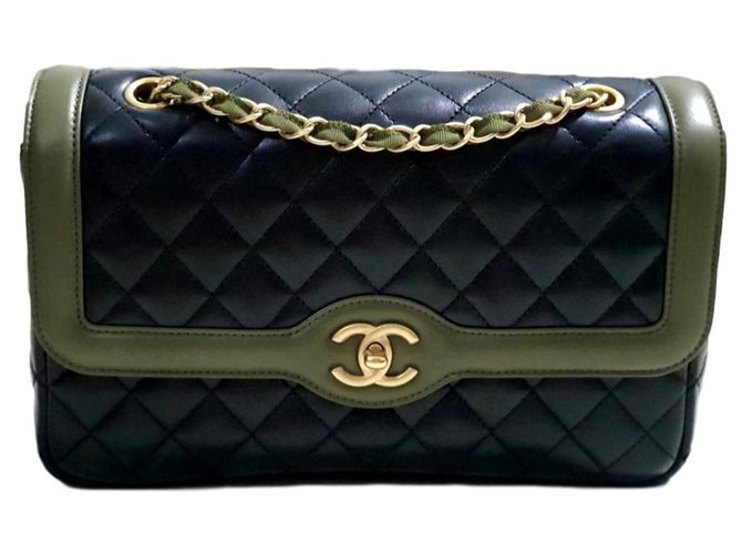 Chanel Medium Flap Bag Cruise 2016 Azul Verde oliva Cuero  ref.164859