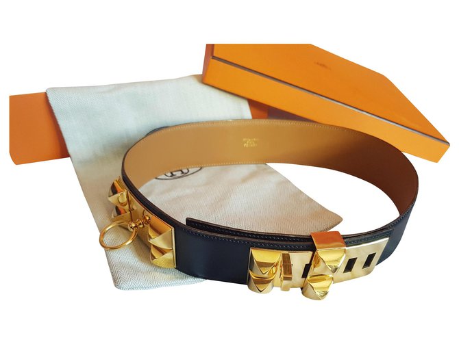 Hermès Cintura Hermes CDC medor con collo a cane Nero D'oro Pelle Placcato in oro  ref.165093