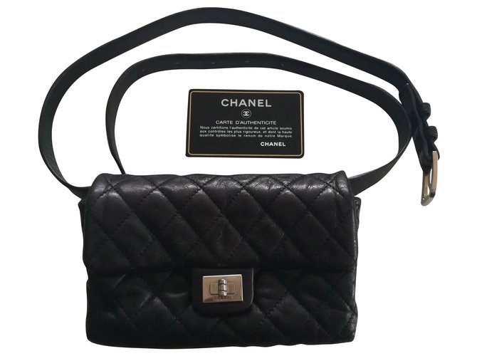 Gabrielle Chanel bolsa de cinto 2.55 Couro preto Pele de cordeiro  ref.165279