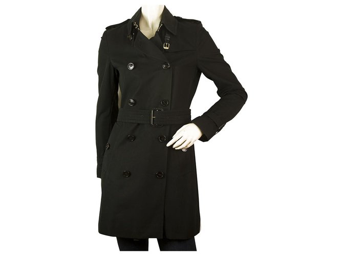 Burberry Black Cotton Raincoat Mac Belted Trench Jacket Brasão Reino Unido 6 EUA 4 Preto Algodão  ref.165293