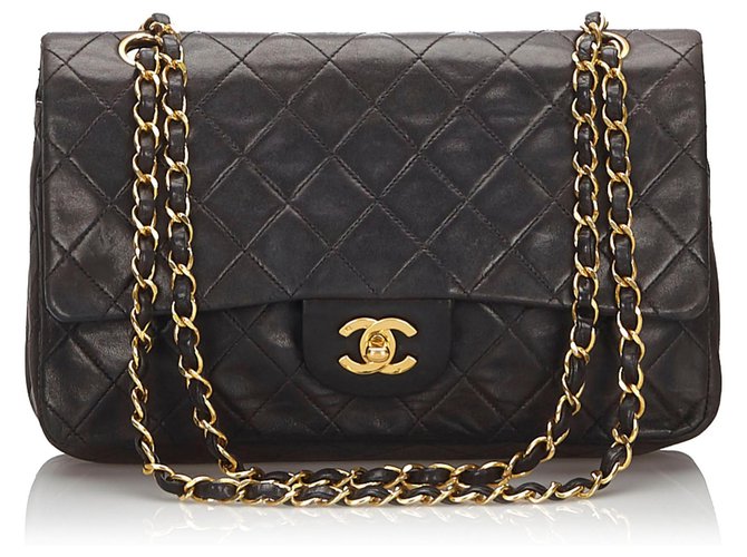 Chanel Preto Clássico Médio Pele de Carneiro Duplo Flap Bag Couro  ref.165482