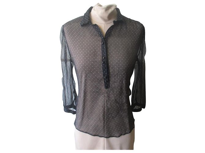 Camicetta Massimo Dutti in seta nera con maniche a pois trasparenti Nero D'oro