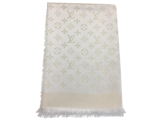 Louis Vuitton Monogram Scarf White Silk Wool ref.165755 - Joli Closet
