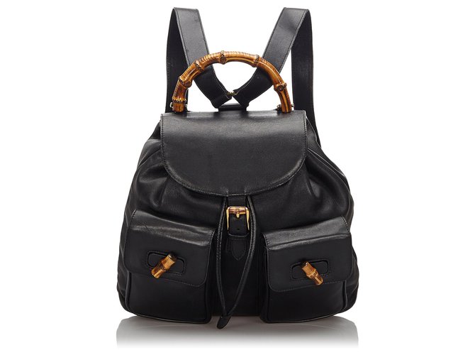 Gucci Black Bamboo Leather Drawstring Backpack Wood  ref.165770