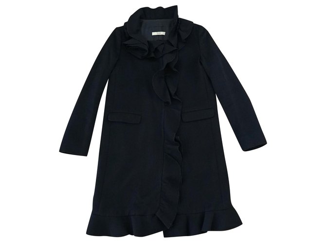 Prada black ruffled coat Silk Wool  ref.166115