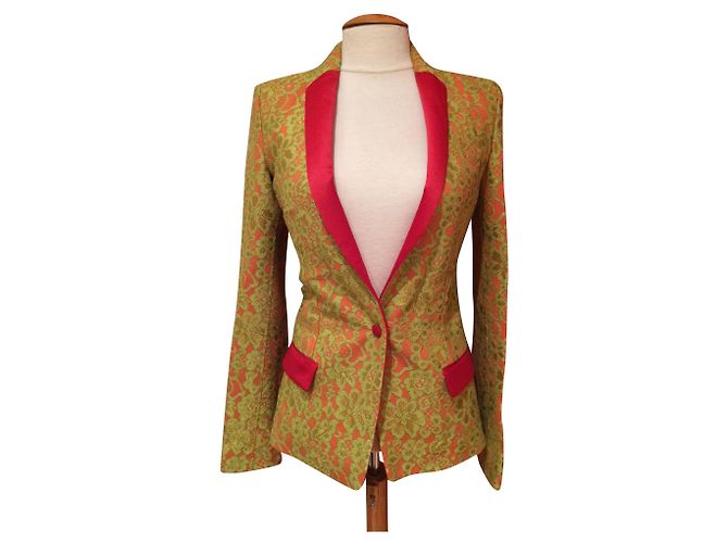 Giacca Just Cavalli Pizzo Verde su Sfondo Rosso Viscosa Multicolore