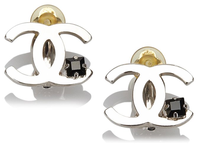 Chanel Silver CC Rhinestone Clip On Earrings Black Silvery Metal ref.166489  - Joli Closet