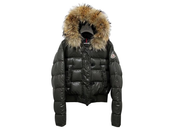 Moncler Real Down Jacket Hooded with Fur Olive green Polyamide  ref.166614