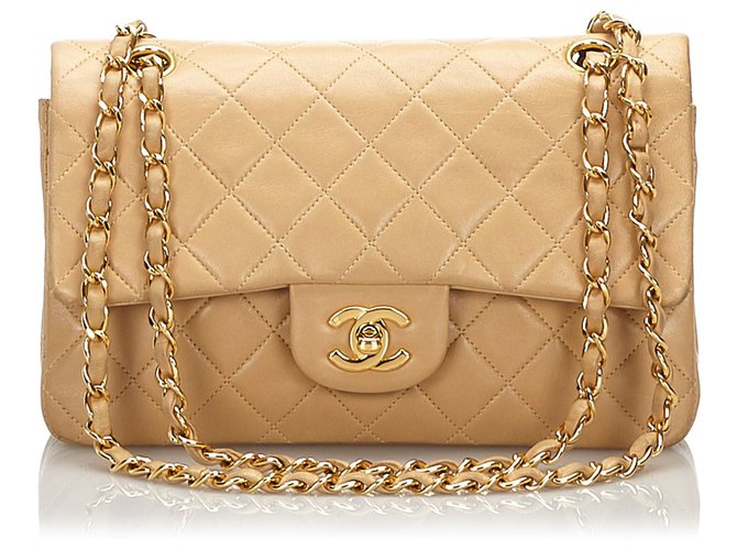 Timeless Chanel Brown clássico pequeno Lambskin alinhado Flap Bag Marrom Bege Couro  ref.166728