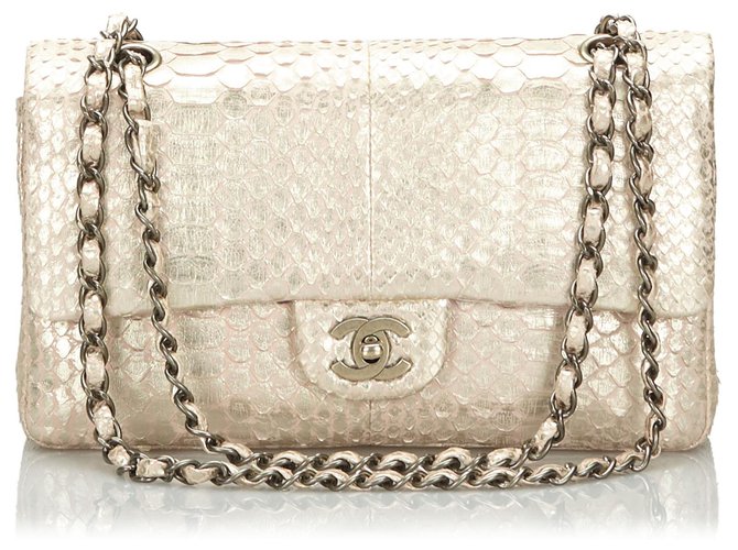 Timeless Chanel ouro clássico médio Python couro alinhado Flap Bag Rosa Dourado Metal  ref.166773