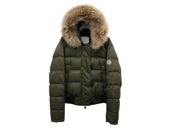 Moncler Real Down Jacket Hooded with Fur Olive green Polyamide  ref.166798