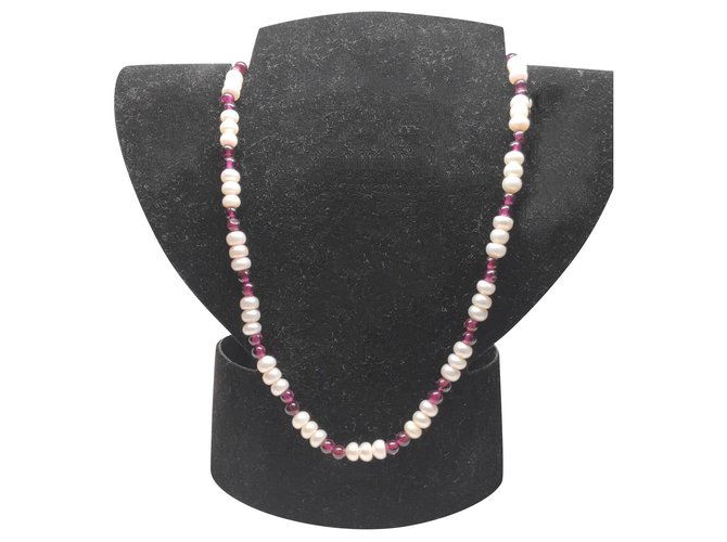 Autre Marque Vintage necklace with natural pearls and garnets White Red Silver  ref.166820