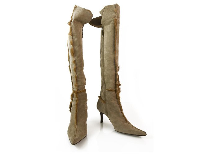 Cesare Paciotti Taupe Suede Sheepskin Leather Boots Slim heels Pointed Toe 39 Beige Light brown Deerskin  ref.167551