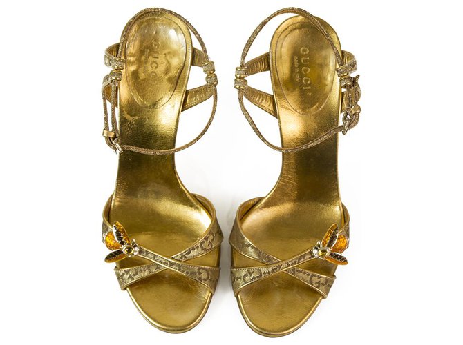 Tom Ford For Gucci Golden Bee Ankle Tie Strappy Sandales à talons hauts Chaussures sz 37 C Cuir Toile Doré  ref.167558