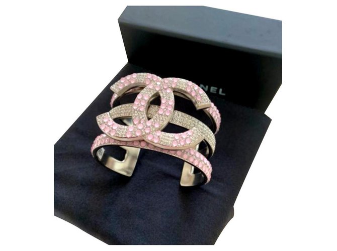 Chanel Pink crystal cuff bracelet Silvery Metal  ref.167596