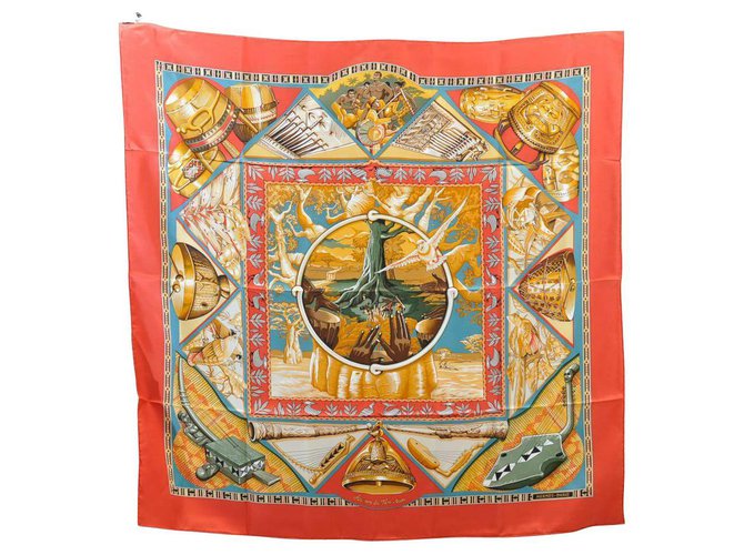 Echarpe Hermès "Au Threads du Tan-Tan" Soie Rouge  ref.167611
